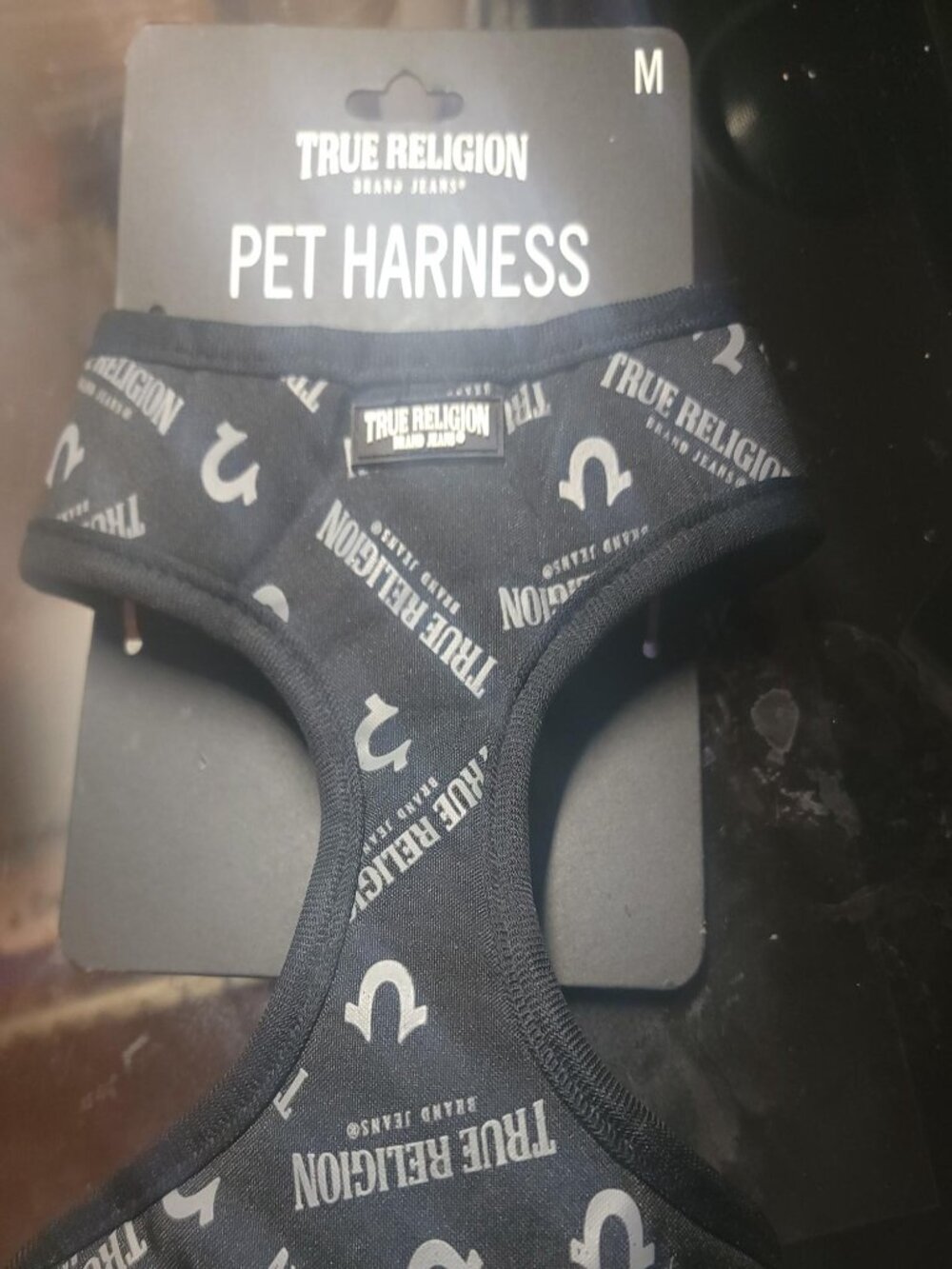 True Religion Pet Harness Medium Black Logo Print Adjustable Dog Harness NWT